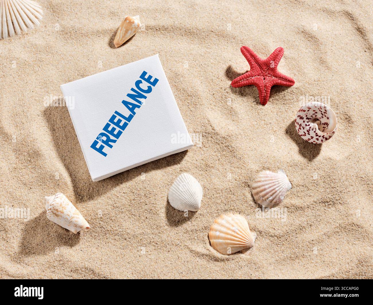 Libertà, flessibilità e lavoro freelance. Insegna bianca con iscrizione freelance adagiata sulla spiaggia di sabbia circondata da conchiglie di mare e stelle marine Foto Stock