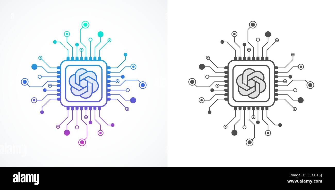 Icona GPT, simbolo, logo nello stile della linea del circuito. Progettazione delle icone vettoriali del processore bot per la chat AI. Chip digitale della scheda madre GPT per poster, banner, intestazione Illustrazione Vettoriale
