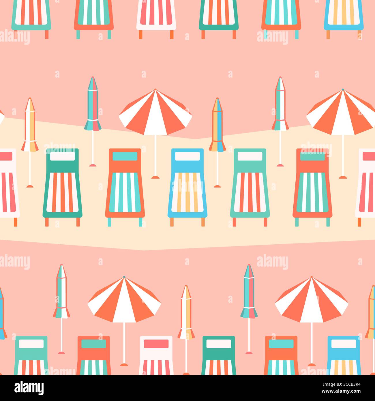 Motivo vettoriale per le vacanze al mare senza cuciture. Ombrelloni colorati a righe, sdraio in fila su un grazioso sfondo rosa. Vacanze costiere divertenti e divertenti Illustrazione Vettoriale