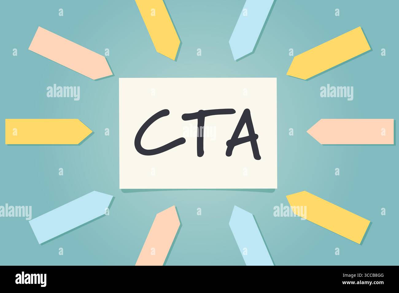 Frecce di carta che indicano la scheda note con l'acronimo CTA (Call to Action) - illustrazione vettoriale Illustrazione Vettoriale