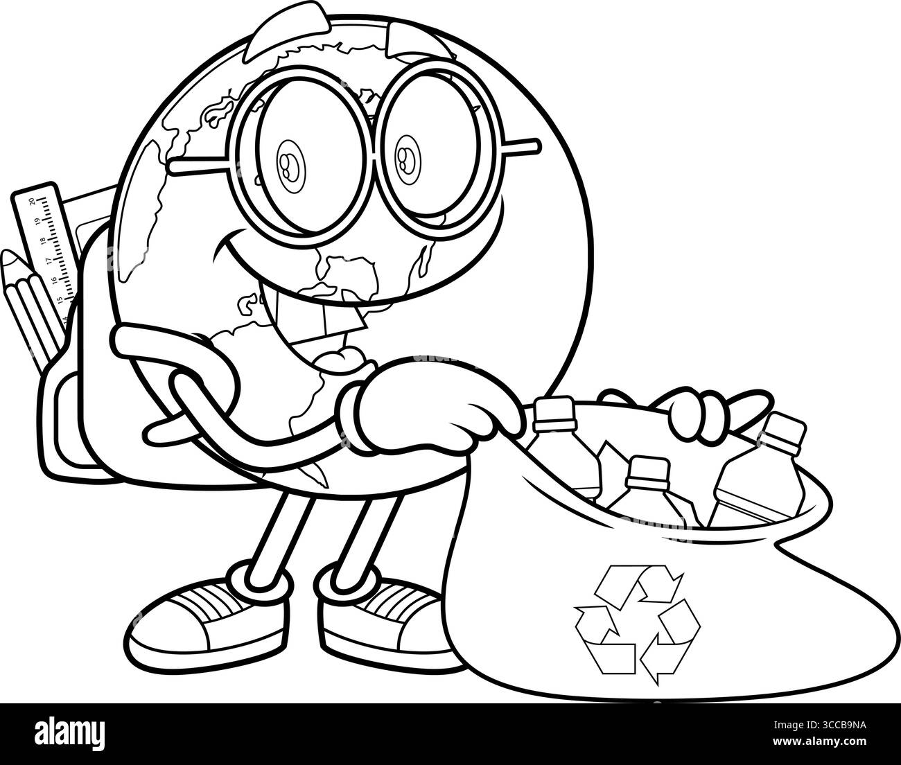 Borsa per riciclaggio con cartoni animati per il mondo scolastico con bottiglie di plastica - illustrazione disegnata a mano con vettore bianco e nero Illustrazione Vettoriale