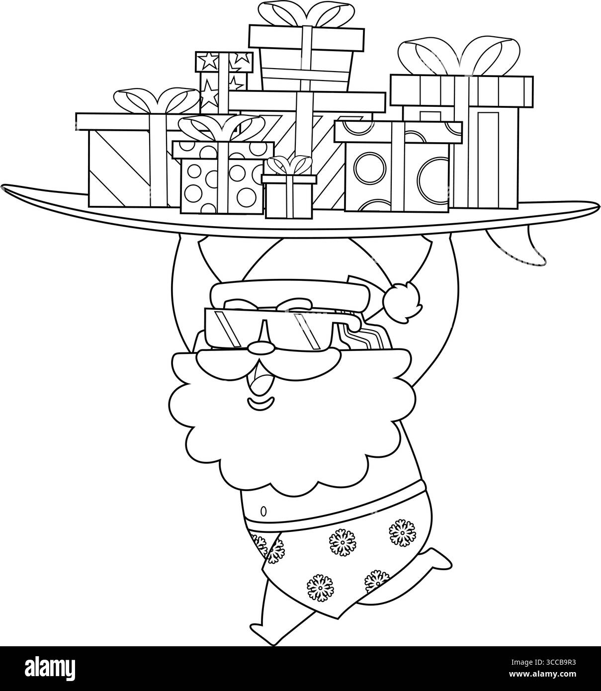Estate Babbo Natale con tavola da surf con pile di regali di Natale - illustrazione disegnata a mano in bianco e nero su sfondo trasparente Illustrazione Vettoriale