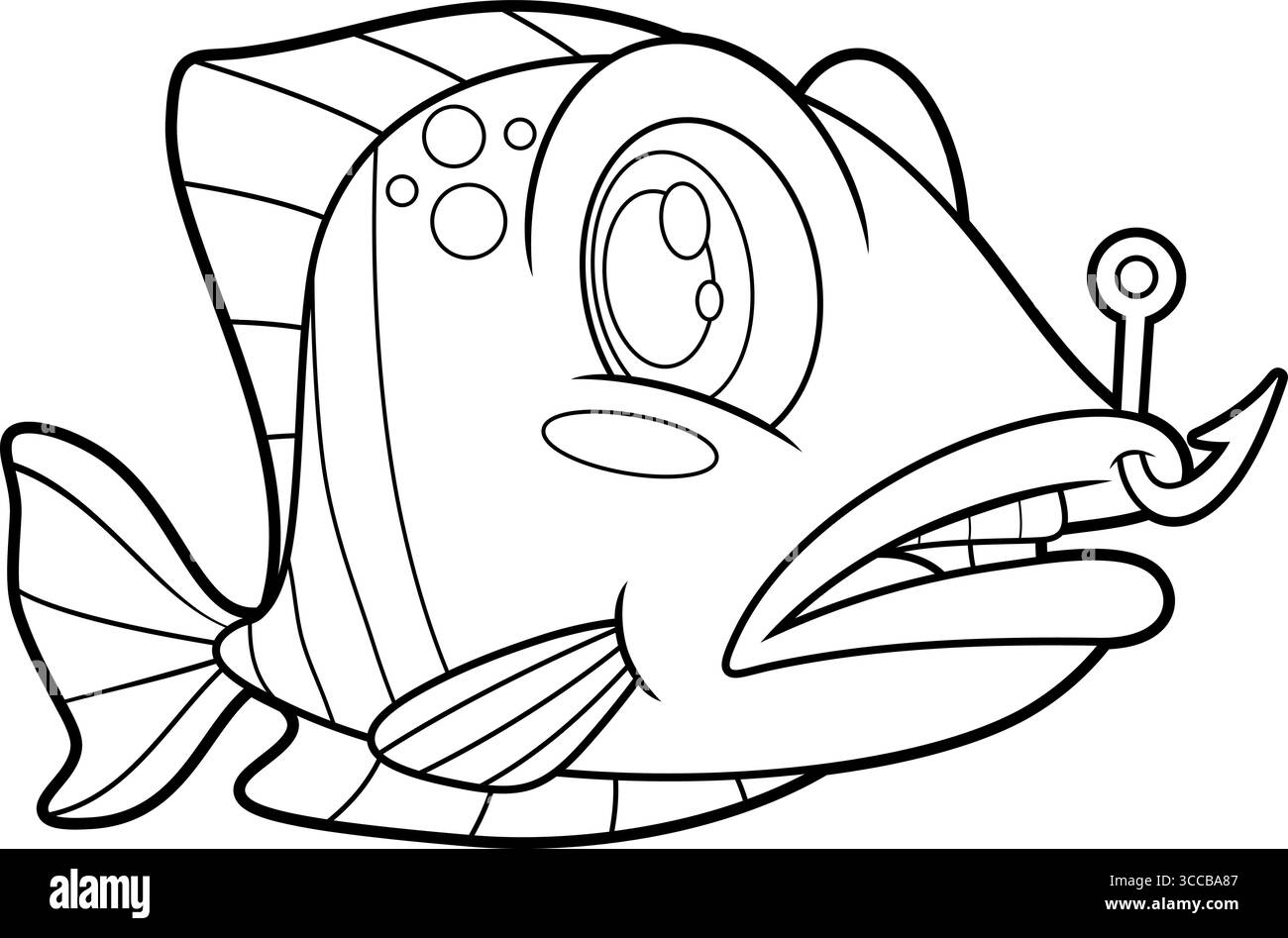 Carino personaggio dei cartoni animati con un gancio per la pesca in bocca. Illustrazione vettoriale disegnata a mano isolata su sfondo trasparente Illustrazione Vettoriale