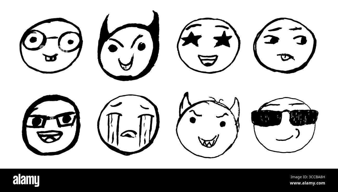 Set di emoticon graffiate per bambini scarabocchi disegnati a mano, disegno a matita o gesso di emozioni diverse, illustrazione vettoriale Illustrazione Vettoriale