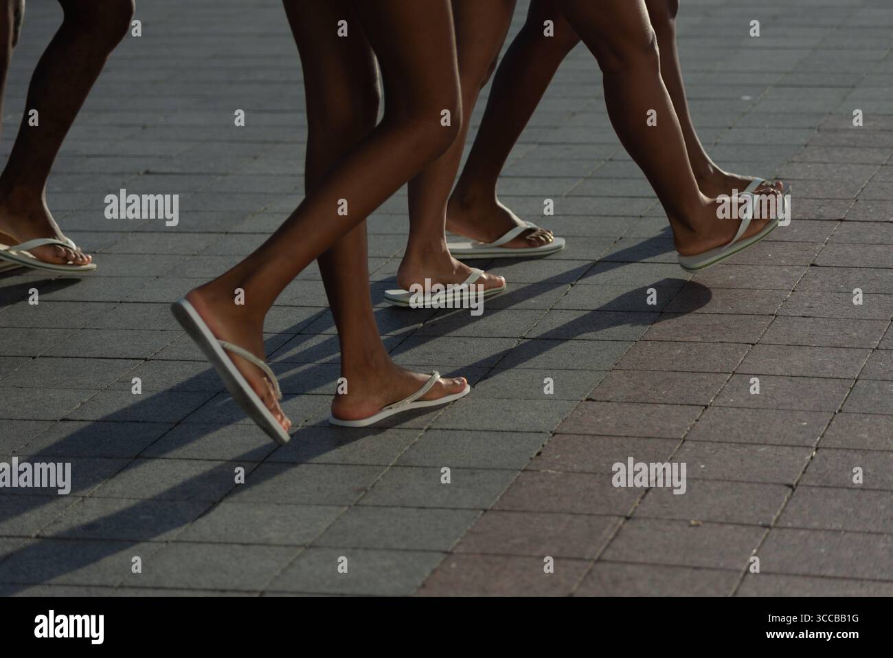 Vista della parte inferiore del corpo delle persone che camminano su una strada asfaltata. Ombre del tardo pomeriggio gettate a terra. Persone che viaggiano. Foto Stock