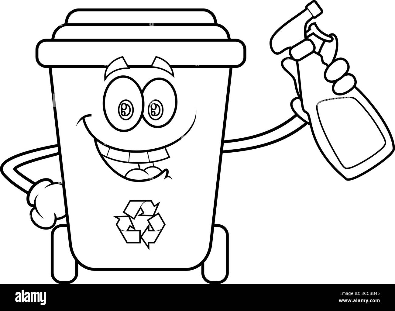 Delineato cestino Cartoon carattere di contenimento flacone spray disinfettante. Illustrazione vettoriale disegnata a mano isolata su sfondo trasparente Illustrazione Vettoriale