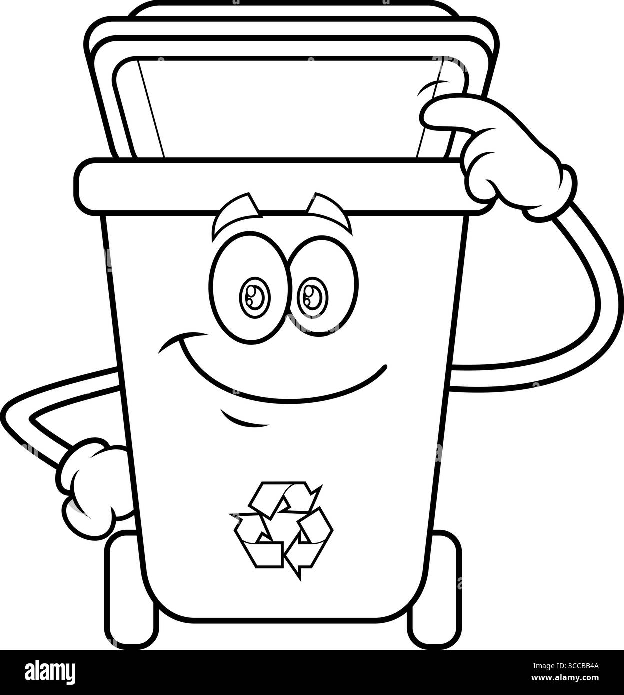 Carattere cartoni animati del cestino delineato che indica Un coperchio aperto. Illustrazione vettoriale disegnata a mano isolata su sfondo trasparente Illustrazione Vettoriale