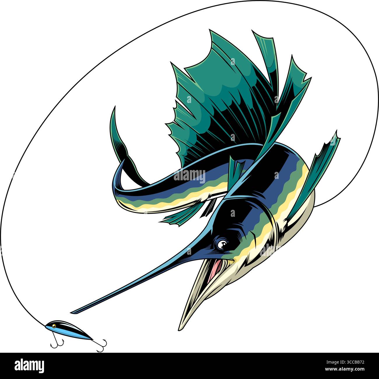Sailfish che cattura il disegno grafico dell'esca da pesca. Illustrazione vettoriale disegnata a mano isolata su sfondo trasparente Illustrazione Vettoriale