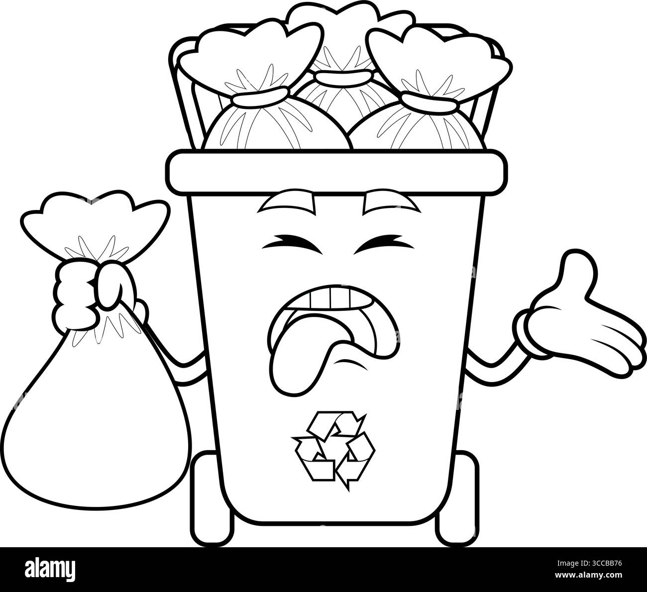 Cestino delineato personaggio cartoni animati pieno di spazzatura. Illustrazione vettoriale disegnata a mano isolata su sfondo trasparente Illustrazione Vettoriale