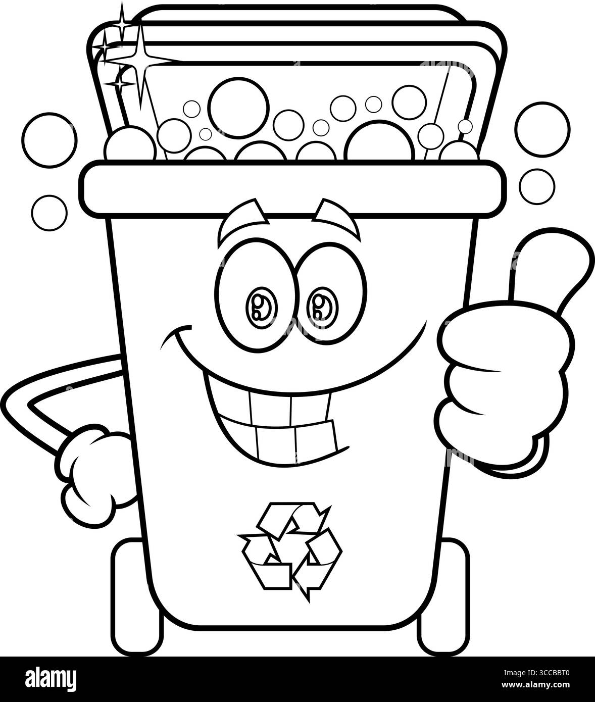 Pulizia dei caratteri dei cartoni animati del cestino e assegnazione dei pollice. Illustrazione vettoriale disegnata a mano isolata su sfondo trasparente Illustrazione Vettoriale