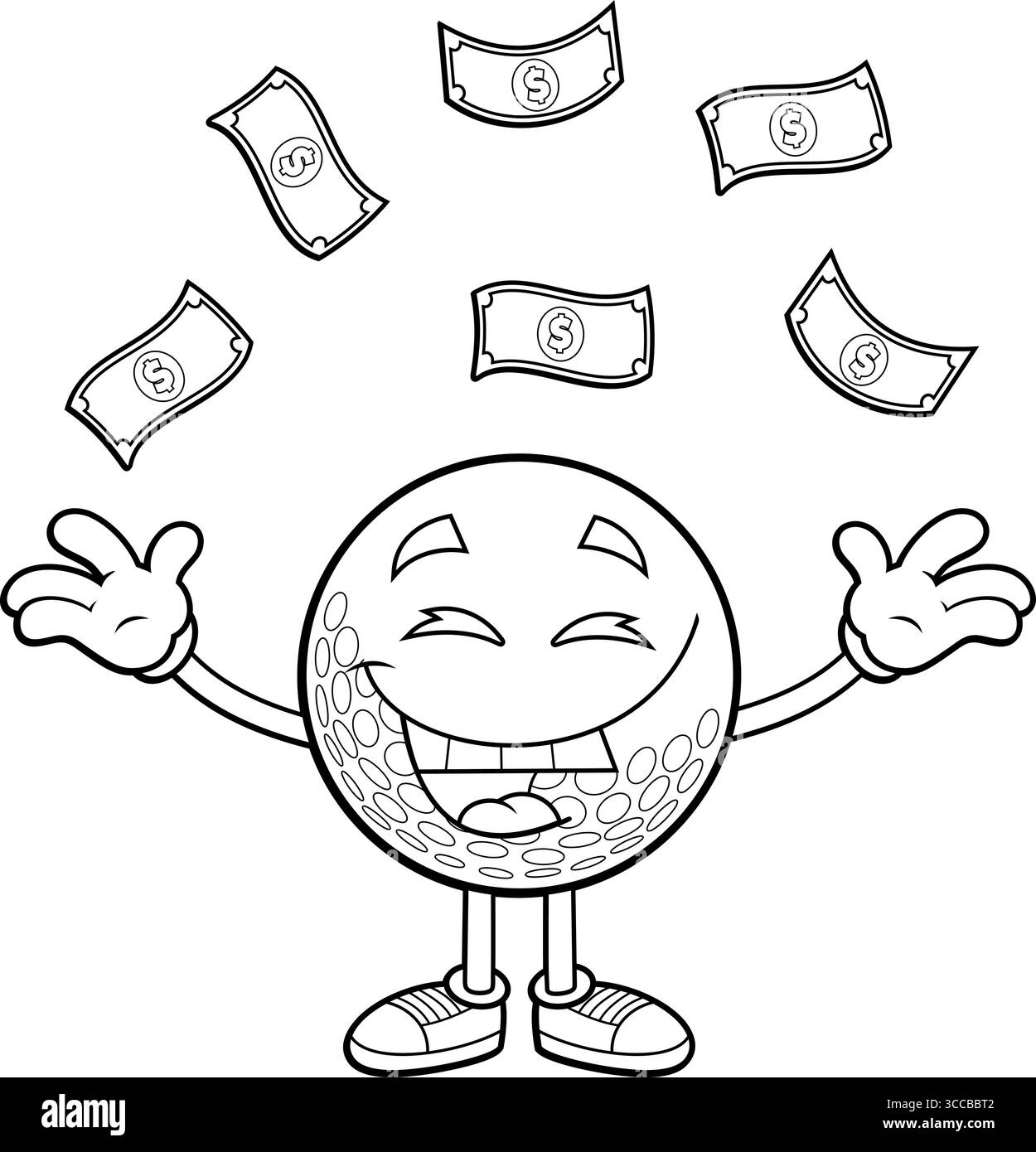 Il personaggio di Lucky Golf Ball Cartoon che lancia soldi nell'aria. Illustrazione vettoriale disegnata a mano isolata su sfondo trasparente Illustrazione Vettoriale