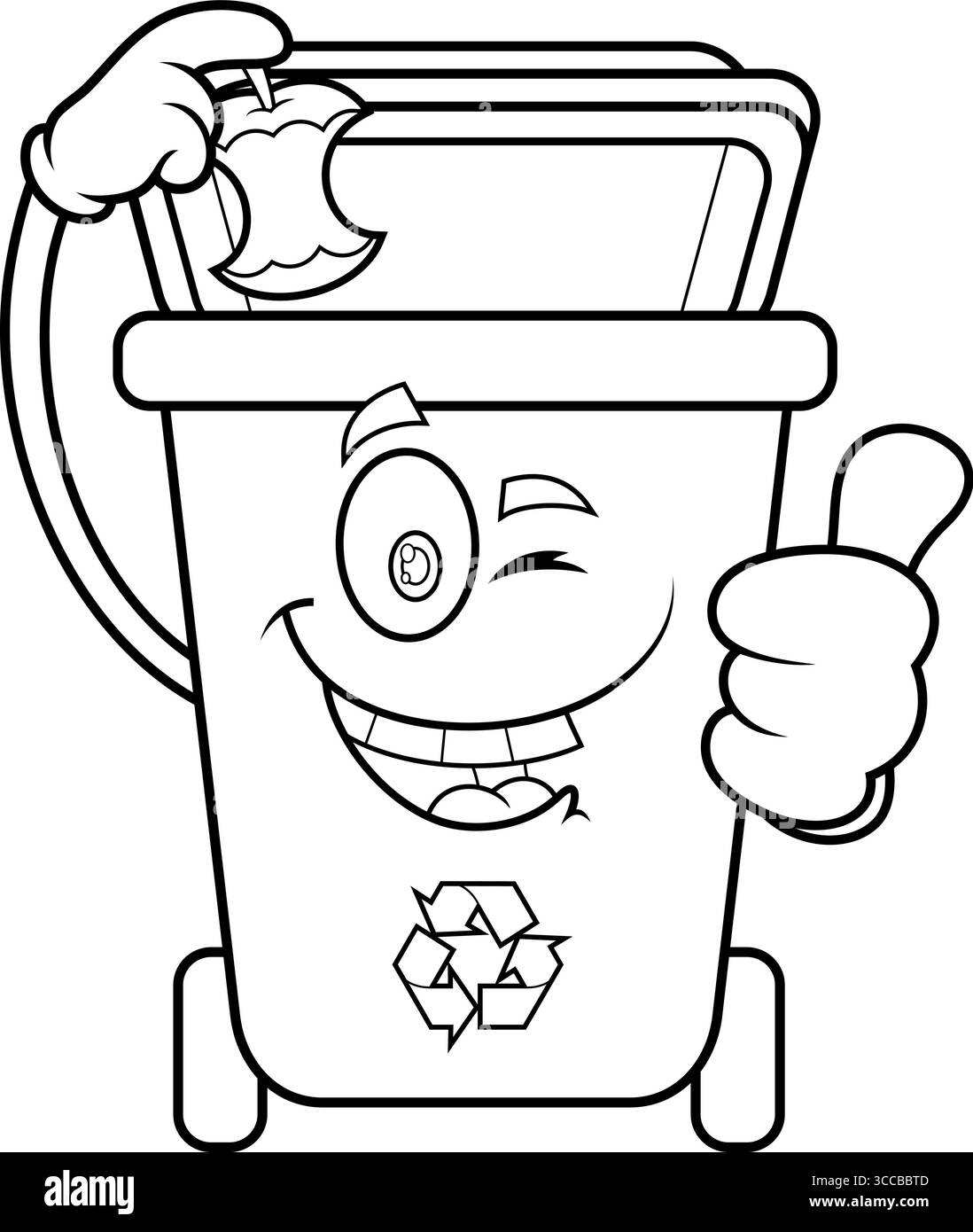 Il personaggio di Cartoon Cestino delineato lancia Apple Stump e dà i Thumbs Up. Illustrazione vettoriale disegnata a mano Illustrazione Vettoriale