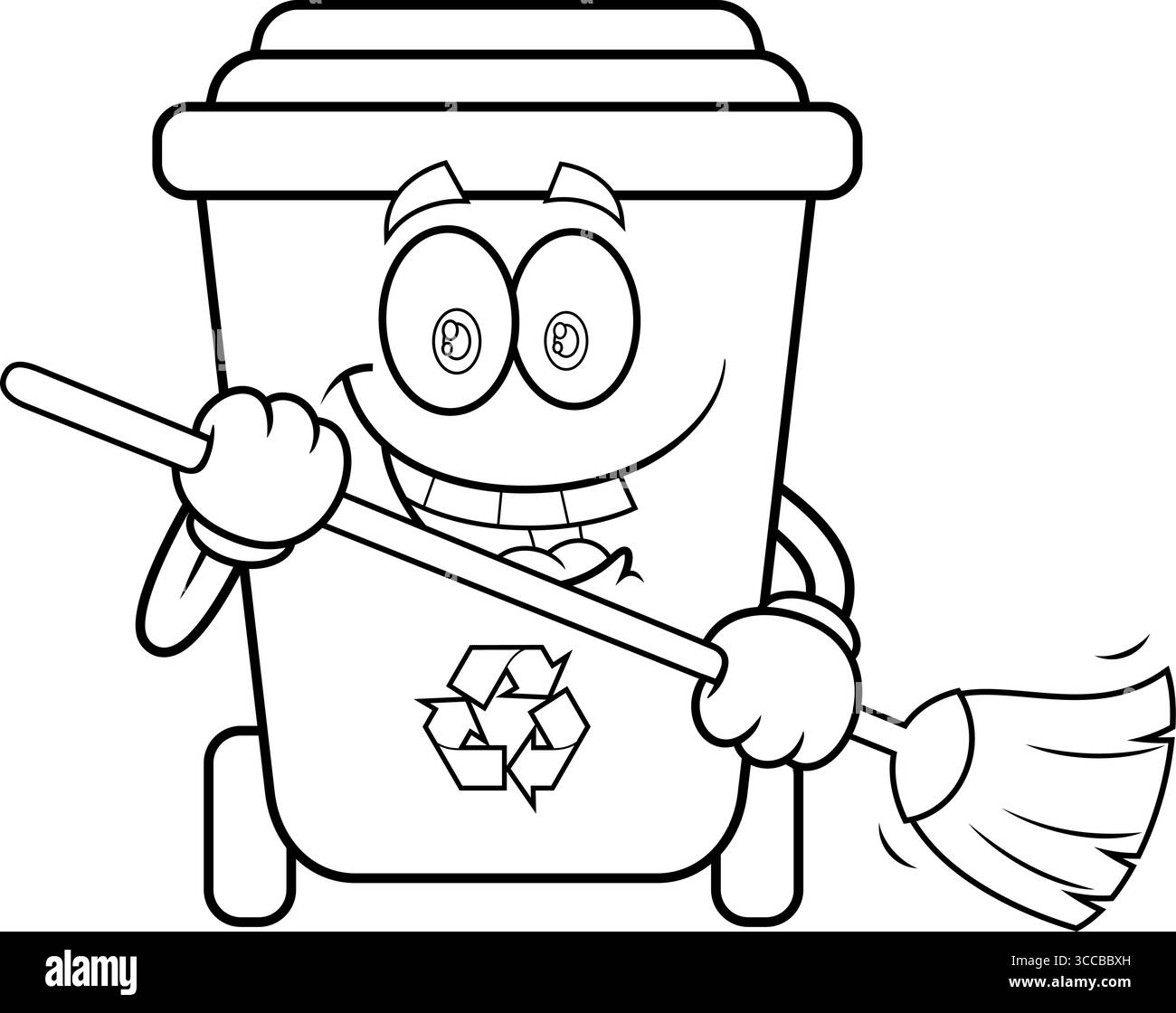 Pulizia dei caratteri dei cartoni animati del cestino con spazzatrice. Illustrazione vettoriale disegnata a mano isolata su sfondo trasparente Illustrazione Vettoriale