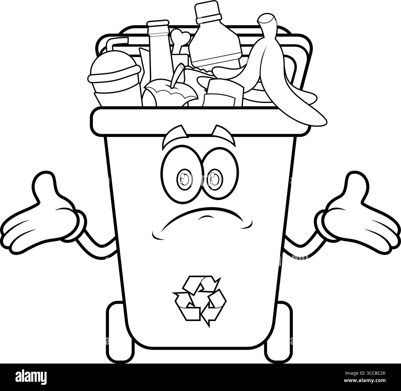 Cestino delineato personaggio cartoni animati pieno di spazzatura e braccia aperte. Illustrazione vettoriale disegnata a mano isolata su sfondo trasparente Illustrazione Vettoriale
