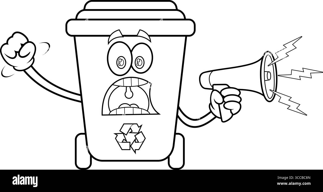 Delineato Angry Recycle Cestino Cartoon Character Screaming into Megaphone. Illustrazione vettoriale disegnata a mano isolata su sfondo trasparente Illustrazione Vettoriale