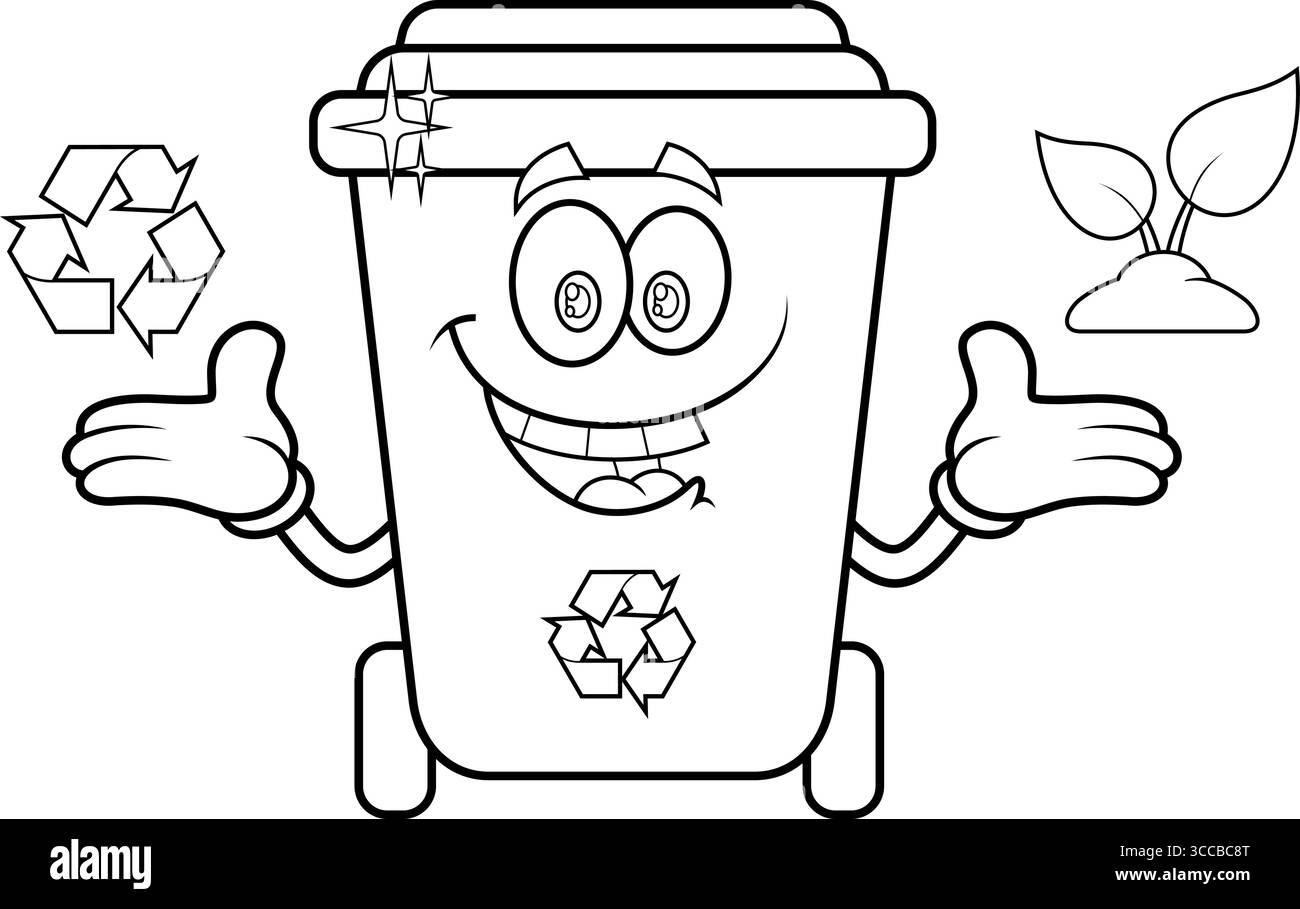 Carattere cartoni animati cestino delineato che mostra i segni del cestino. Illustrazione vettoriale disegnata a mano isolata su sfondo trasparente Illustrazione Vettoriale