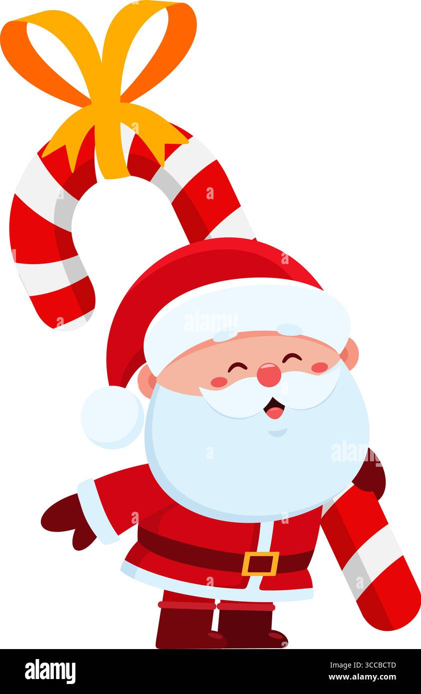 Carino personaggio del cartone animato di Babbo Natale che tiene in mano Una grande canna da regalo. Illustrazione vettoriale Flat Design isolato su sfondo trasparente Illustrazione Vettoriale