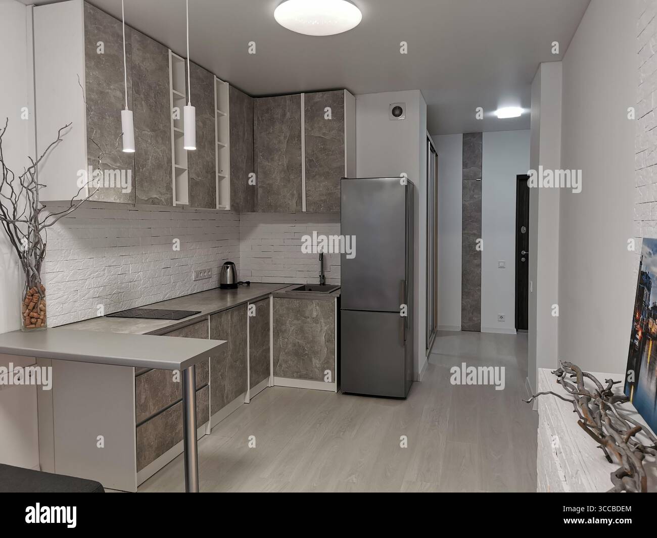 Fabbricazione di mobili per armadi. Installare una nuova cucina. Conservazione pratica, pratica e pratica. Ristrutturazione degli appartamenti. Pulizia, decluttering Foto Stock