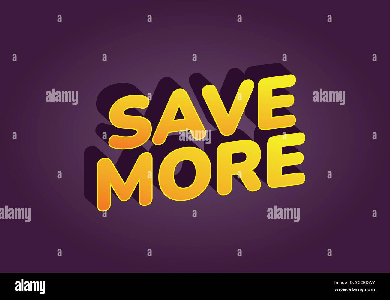 Testo tridimensionale in grassetto che dice DI RISPARMIARE DI PIÙ in giallo con un effetto ombra su uno sfondo viola. Illustrazione Vettoriale