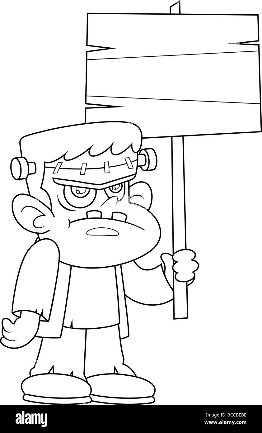 Il carino personaggio di Halloween Frankenstein Cartoon con Un cartello bianco di legno. Illustrazione vettoriale disegnata a mano isolata su sfondo trasparente Illustrazione Vettoriale