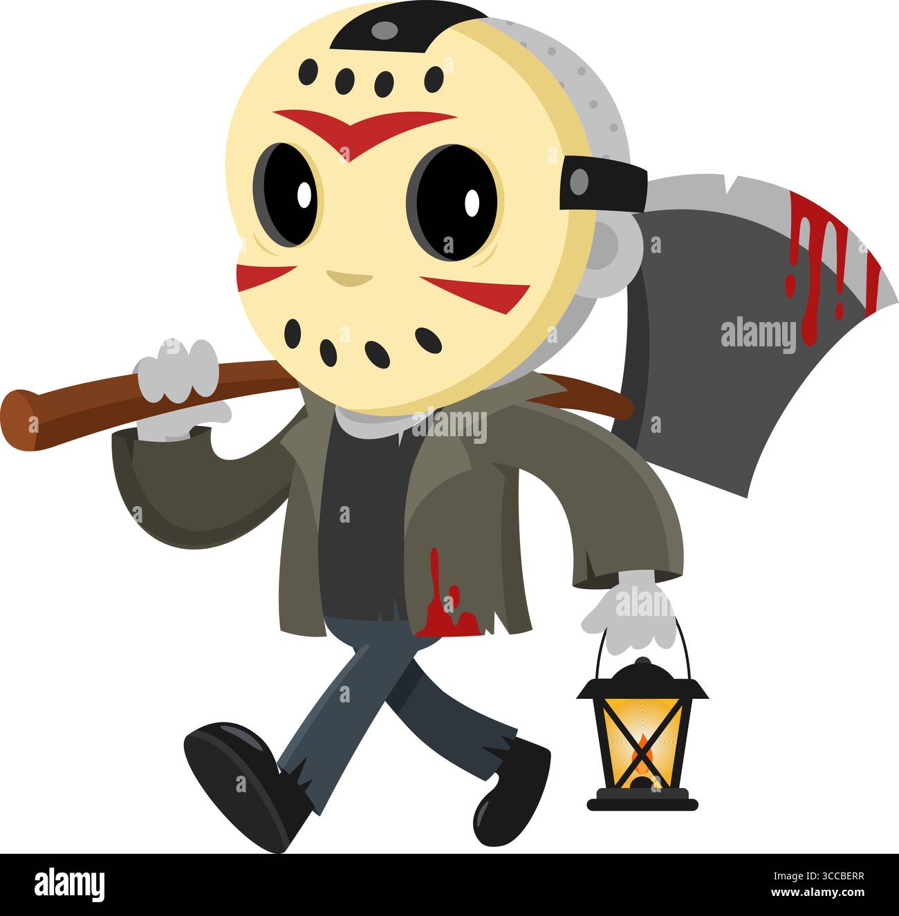 Carino Jason Murderer Cartoon Character Walking with Blood Axe e Lit Lantern on Halloween Night. Illustrazione vettoriale Illustrazione Vettoriale
