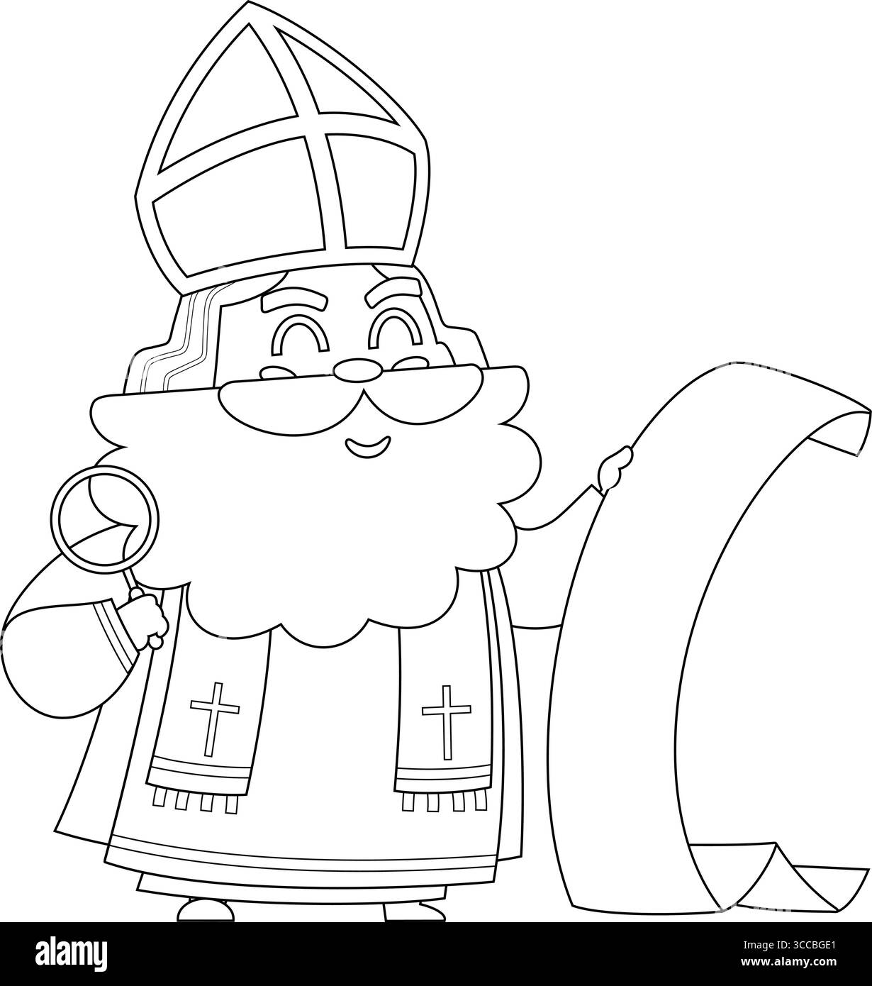 Carino personaggio di San Nicola o Sinterklaas Cartoon che legge Un rotolo di carta con i desideri di Natale. Illustrazione vettoriale disegnata a mano Illustrazione Vettoriale