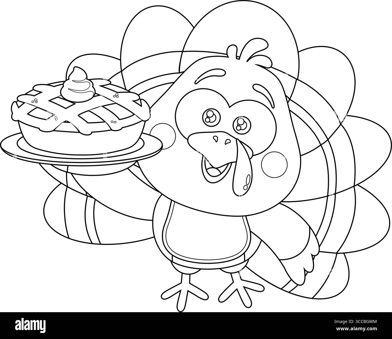 Delineato il personaggio carino del cartoni animati Baby Turkey Bird Cartoon che tiene in mano il vettore Perfect Pie illustrazione disegnata a mano isolata su sfondo trasparente Illustrazione Vettoriale