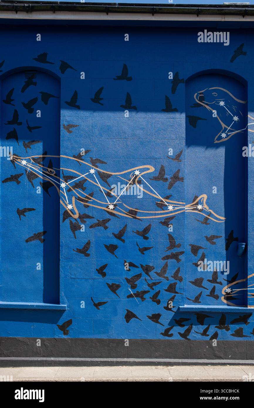Opera d'arte murale sulle pareti del Theatre Gwaun a Fishguard, Pembrokeshire, Galles occidentale, Regno Unito Foto Stock