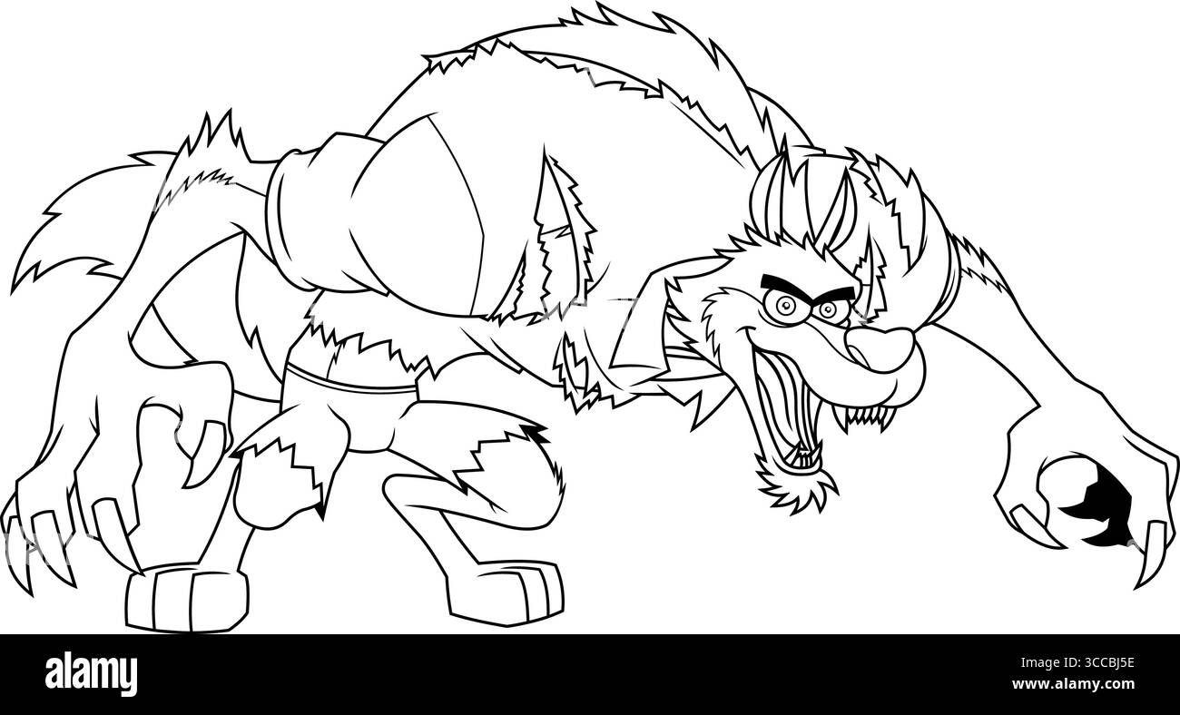 Delineato spaventoso personaggio di Wolfman Werewolf Cartoon. Illustrazione vettoriale disegnata a mano isolata su sfondo trasparente Illustrazione Vettoriale