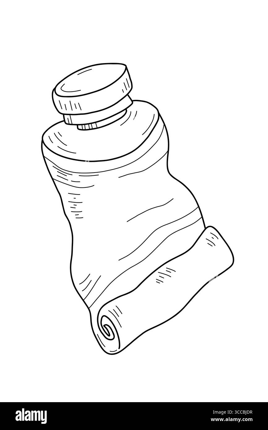 Disegno della linea vettoriale di un tubo di vernice deformato con tappo. Illustrazione in bianco e nero disegnata a mano per forniture d'arte, progetti di design, libri da colorare, e. Illustrazione Vettoriale