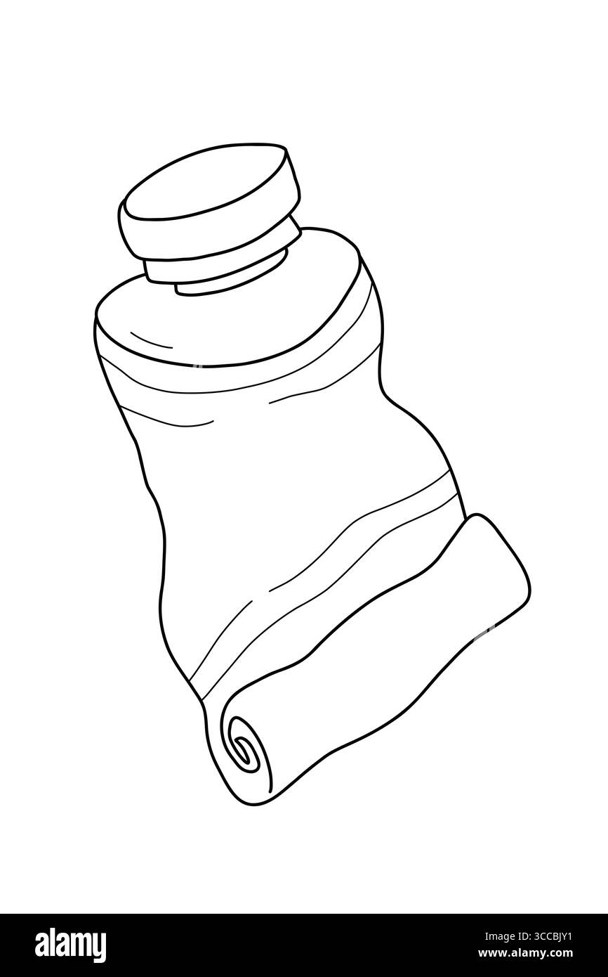 Disegno della linea vettoriale di un tubo di vernice deformato con tappo. Illustrazione in bianco e nero disegnata a mano per forniture d'arte, progetti di design, libri da colorare, e. Illustrazione Vettoriale