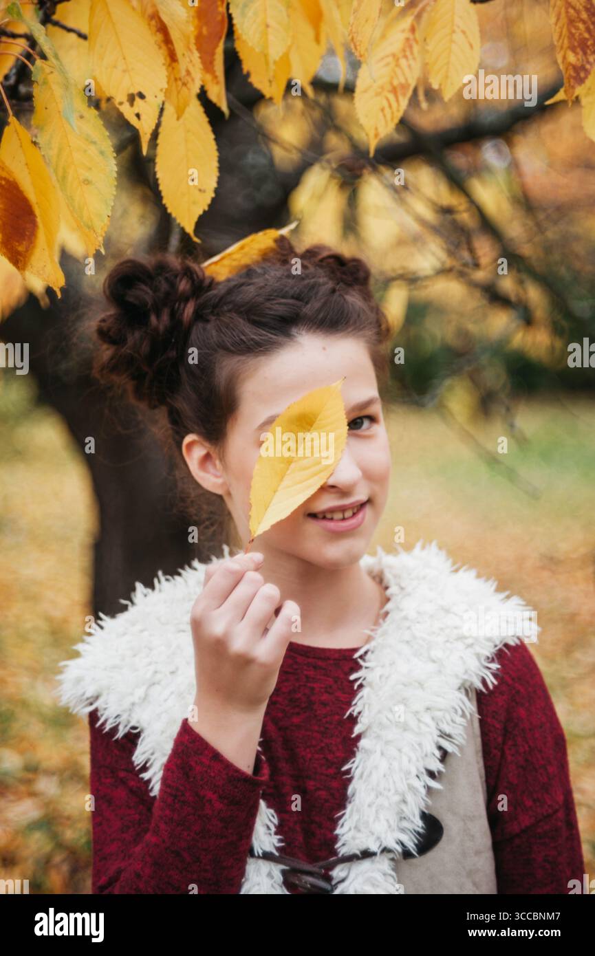 Ritratto autunnale all'aperto con fogliame vivace. Ragazza che indossa un maglione marrone con foglie gialle vibranti davanti al viso con una ba autunnale nella foresta Foto Stock