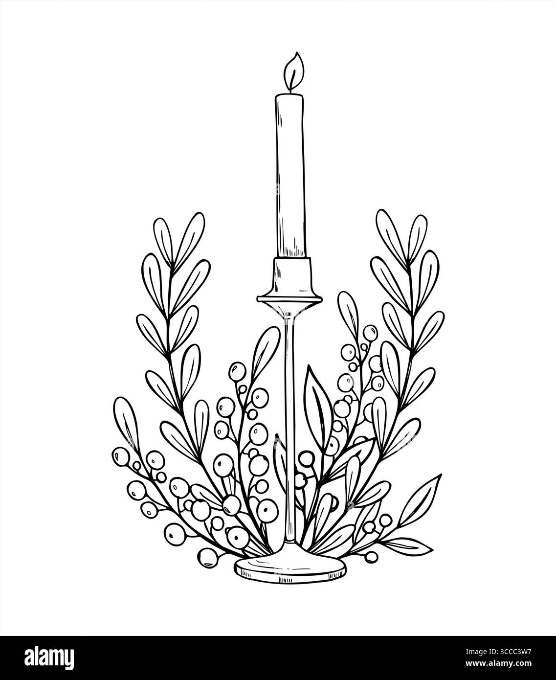 Candela accesa su un alto candelabro circondato da rami decorativi con foglie, illustrazione vettoriale monocromatica dipinta da inchiostri neri. Illustrazione Vettoriale