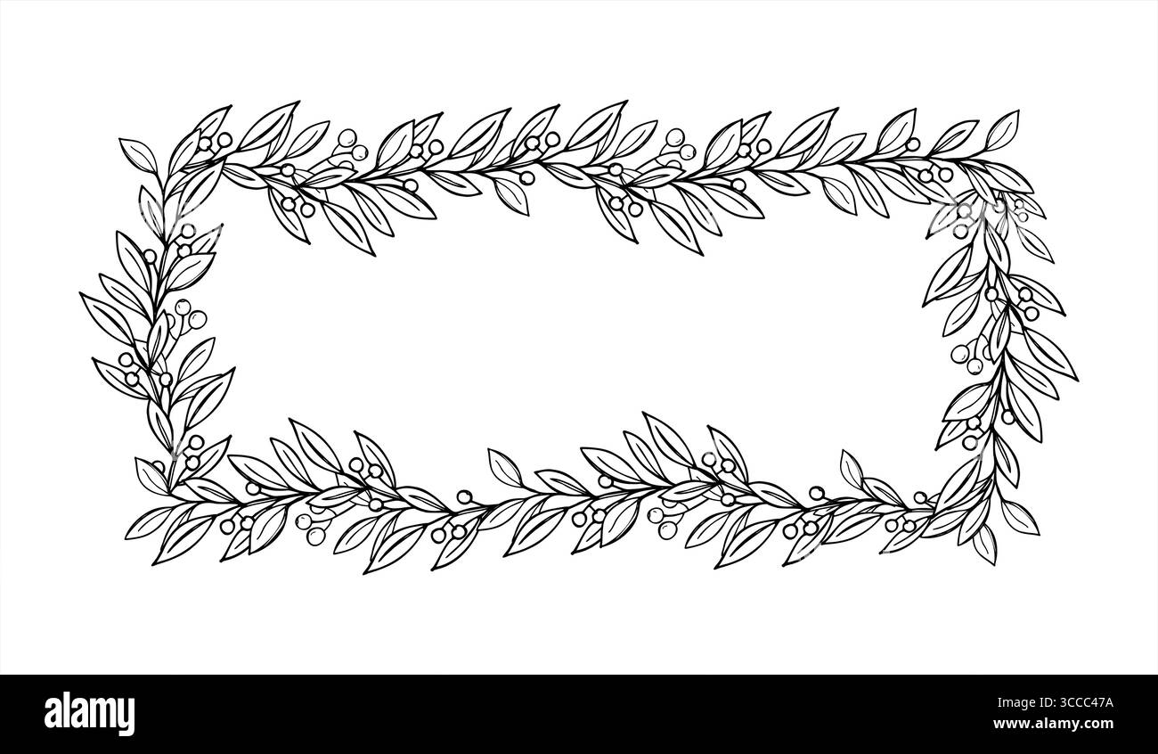 Cornice rettangolare con rami di pyracantha o gaultheria, frutti di bosco e foglie illustrazione monocromatica vettoriale. Bordo decorativo delle piante sempreverdi Illustrazione Vettoriale