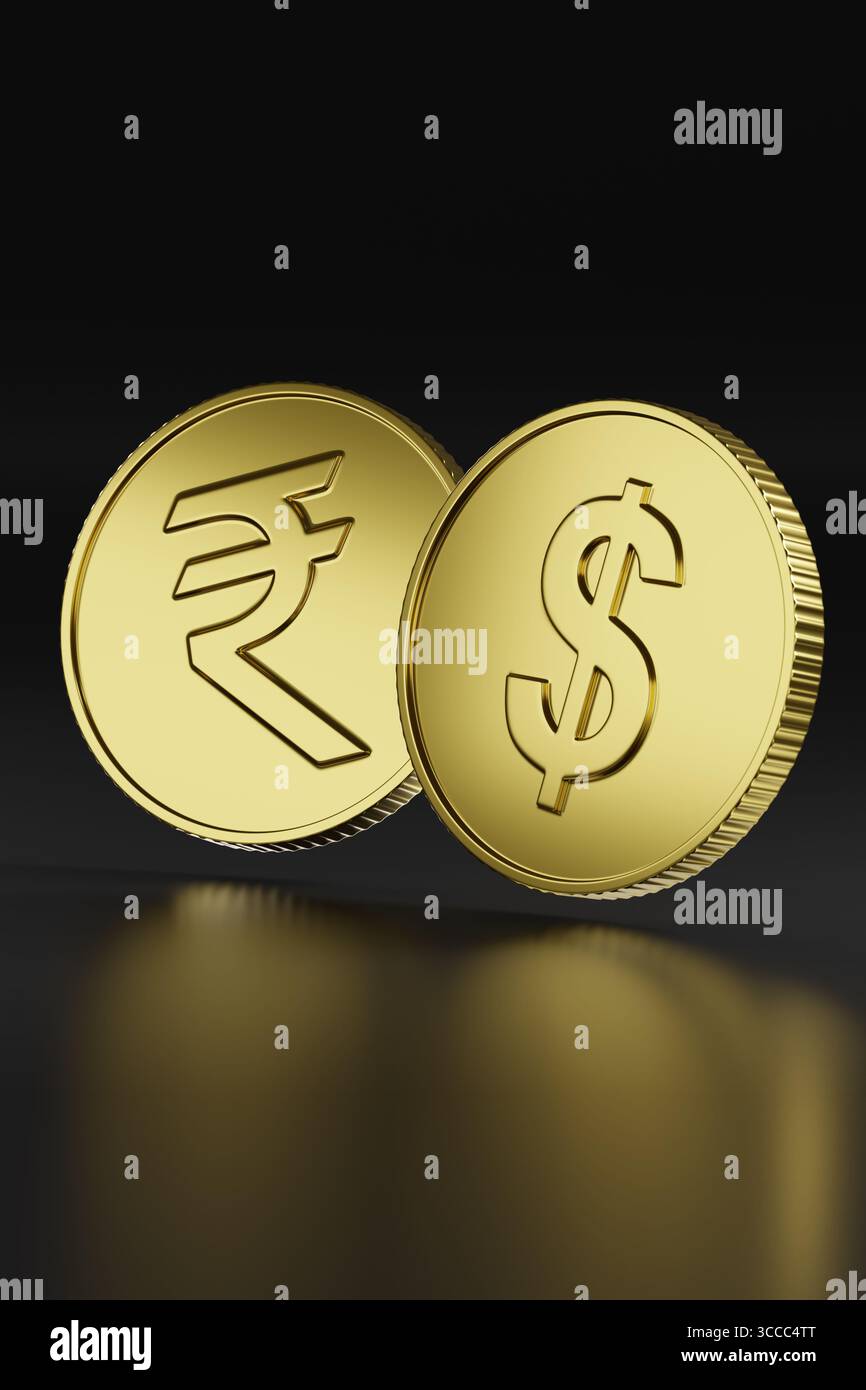 Monete d'oro con simbolo di dollaro e rupia sulla composizione verticale. illustrazione 3d. Foto Stock