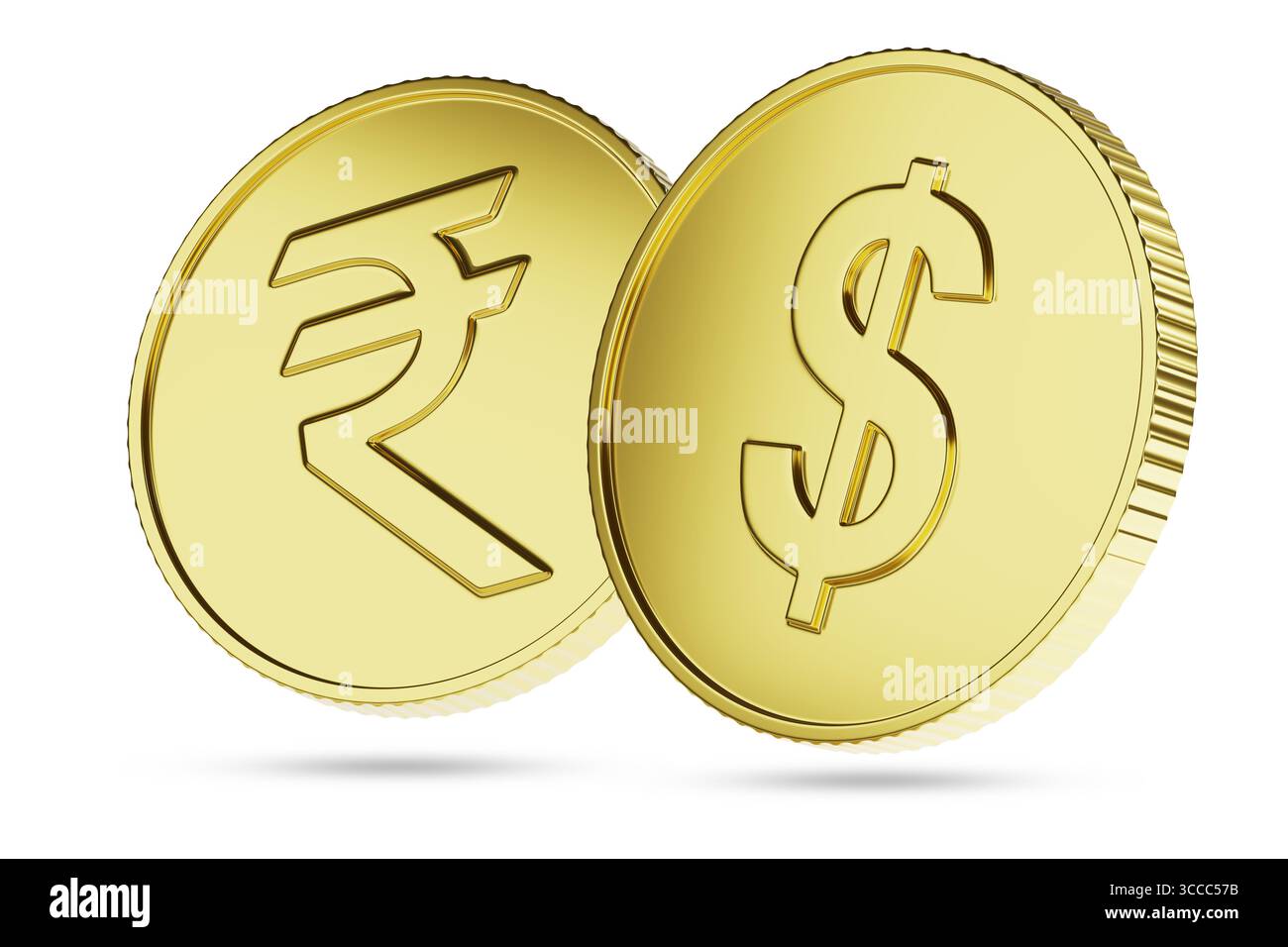 Monete d'oro con simbolo di dollaro e rupia isolato su sfondo bianco. illustrazione 3d. Foto Stock
