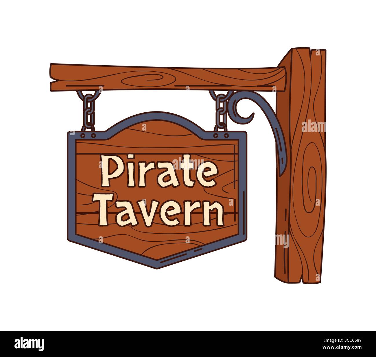 Cartellone per taverna pirata con cartoni animati, cartello rustico in legno con staffe di ferro, evocazione corsaro e avventurosa atmosfera marinara del y2k. Cartellonistica vettoriale con legno invecchiato e scritte vintage Illustrazione Vettoriale