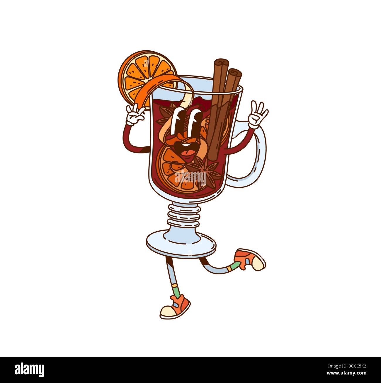 Tazza di VIN brulé con carattere retrò. Bevanda calda durante il periodo natalizio con cannella, anice e scorza d'arancia. VIN brulé bere un bicchiere allegro o carattere o mascotte Illustrazione Vettoriale