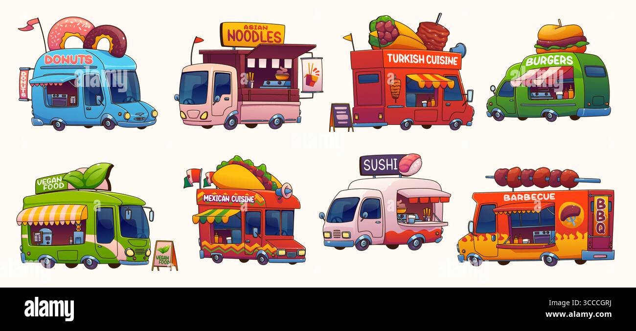 Macchine per camion di cibo cartoni animati, furgoni di cibo da strada per festival di hamburger, ciambelle, barbecue e pasto vegano. Camion di cibo vettoriale di cucina asiatica, messicana, americana e turca. Sushi, taco, negozi di noodle su ruote Illustrazione Vettoriale