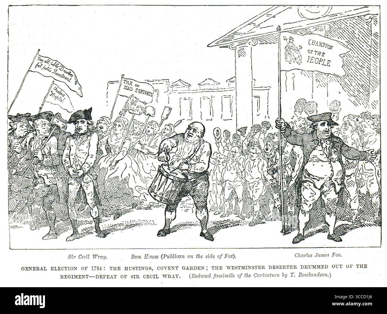 Le elezioni generali britanniche del 1784, The Hustings, Covent Garden, il disertore di Westminster abbandonarono il reggimento. Sconfitta di Sir Cecil Wray da parte di Charles James Fox. Caricatura di Thomas Rowlandson. Foto Stock
