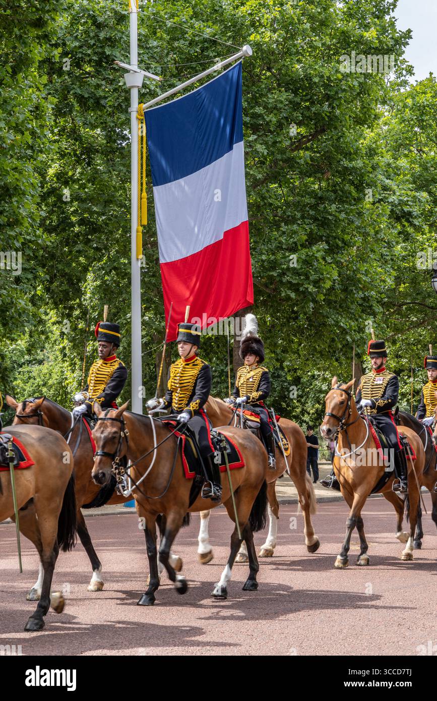 Troopers of the Kings Troop Royal Horse Artillery, The Mall, Londra, Inghilterra, Regno Unito Foto Stock