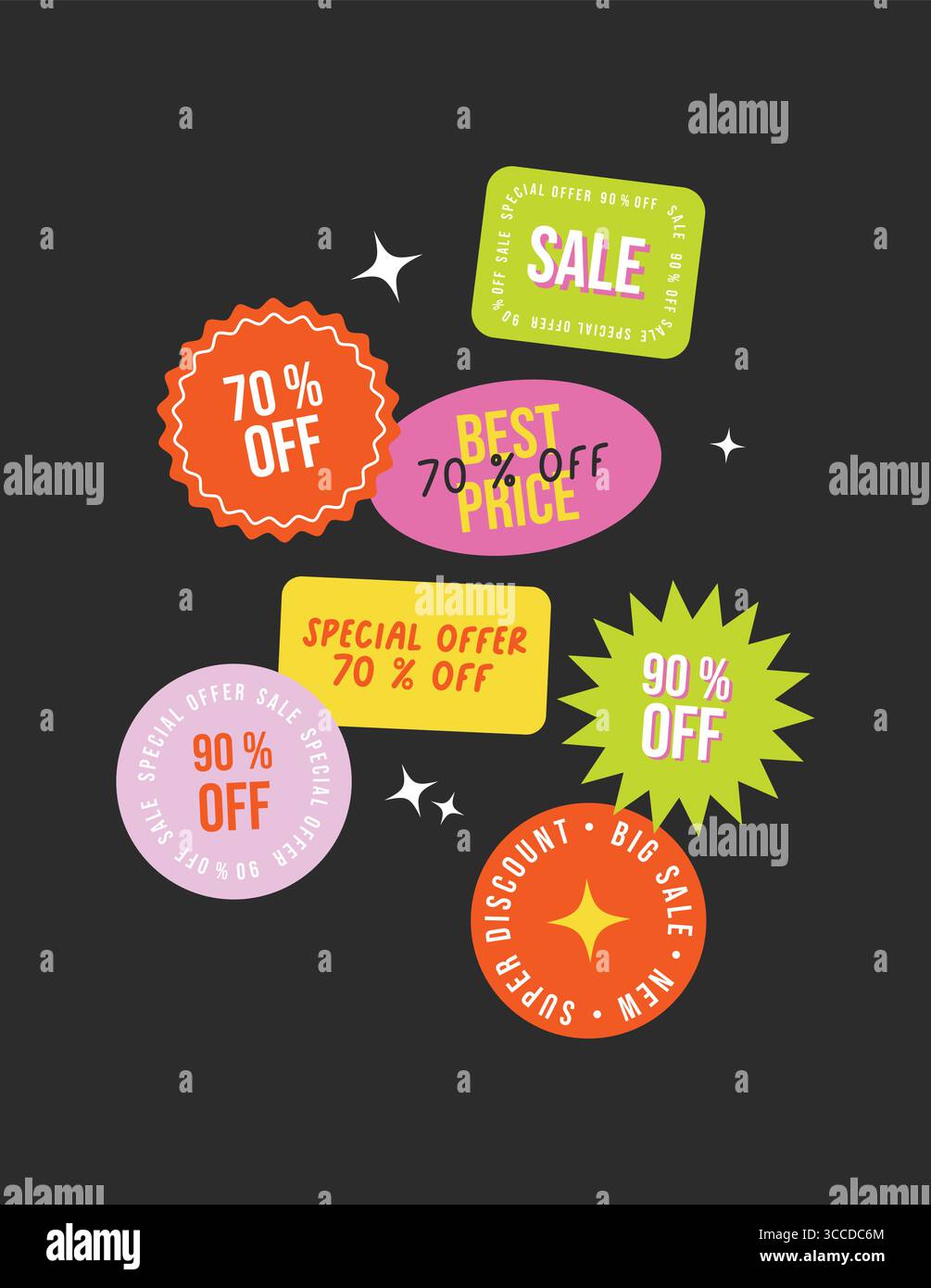 Set di adesivi Black friday in vendita. Etichette promozionali, patch, francobolli alla moda per lo shopping. Grandi sconti Illustrazione Vettoriale