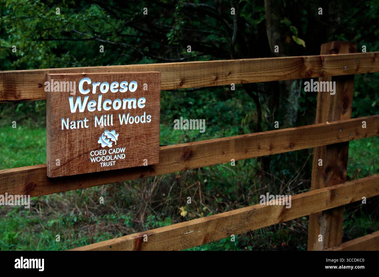 Nant Mill Woods Sign, Coedpoeth, Wrexham, Galles Foto Stock