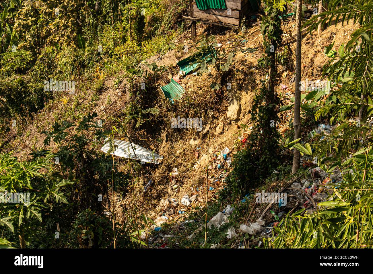 Spazzatura sparsa gettata sul versante verde della collina Foto Stock