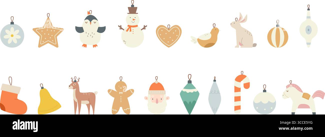 Clipart dei giocattoli di Natale. Decorazioni isolate per l'anno nuovo per l'albero di Natale. Palle di vetro diverse, pupazzo di neve, pupazzo di zenzero, cervo, uccello, dolci, vettoriale Illustrazione Vettoriale