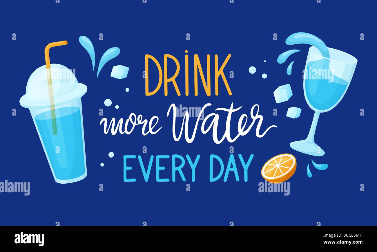 Bevete più acqua. Dietologia, poster medico con bicchieri con liquidi, arancio e cubetti di ghiaccio. Scheda motivazionale positiva per sano, neoterico Illustrazione Vettoriale