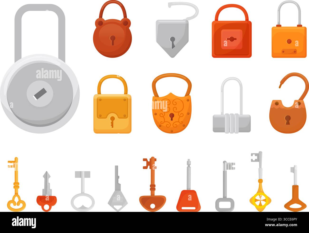 Chiavi e lucchetti. Lucchetto metallico Cartoon, lucchetti in bronzo dorato argento. Simboli di protezione, assicurazione, sicurezza con chiavi diverse, vettore neoterico Illustrazione Vettoriale