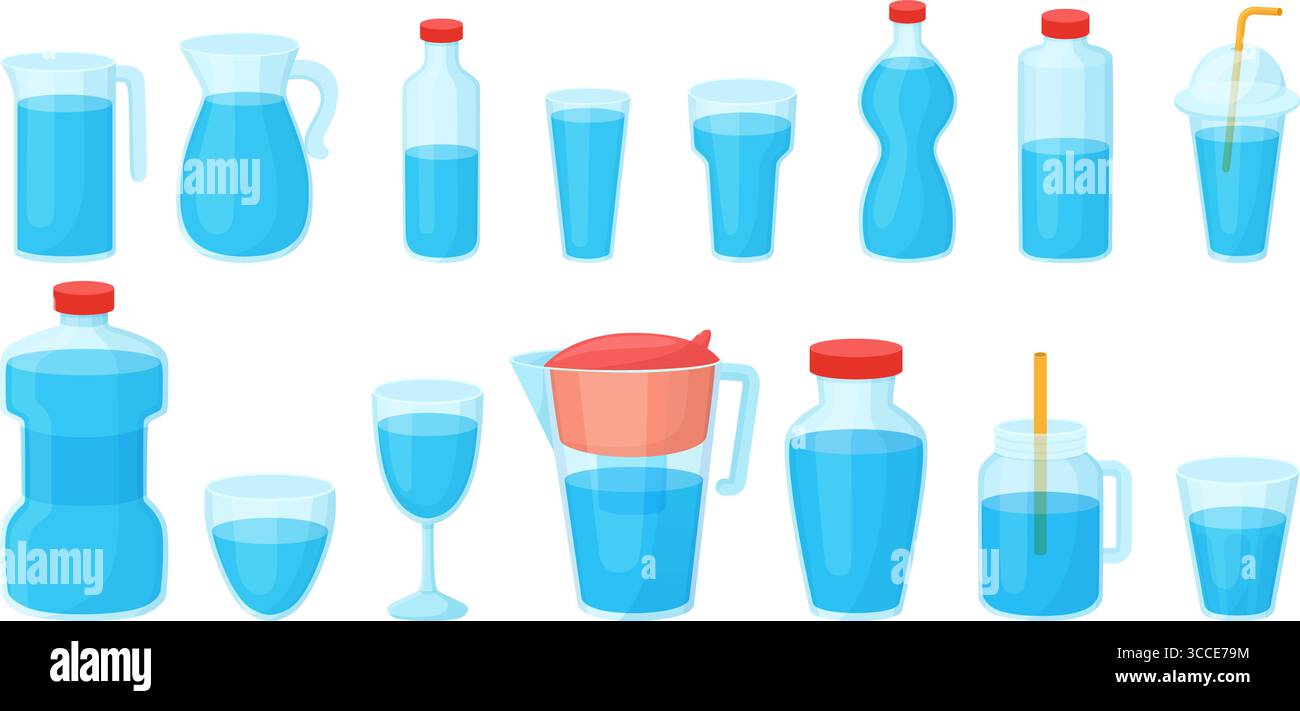 Bevete bicchieri d'acqua. Più liquidi, flaconi isolati in vetro e plastica, vaso e caraffa. Elementi di idratazione, equilibrio dell'acqua. Dieta e stile di vita, neoterico Illustrazione Vettoriale