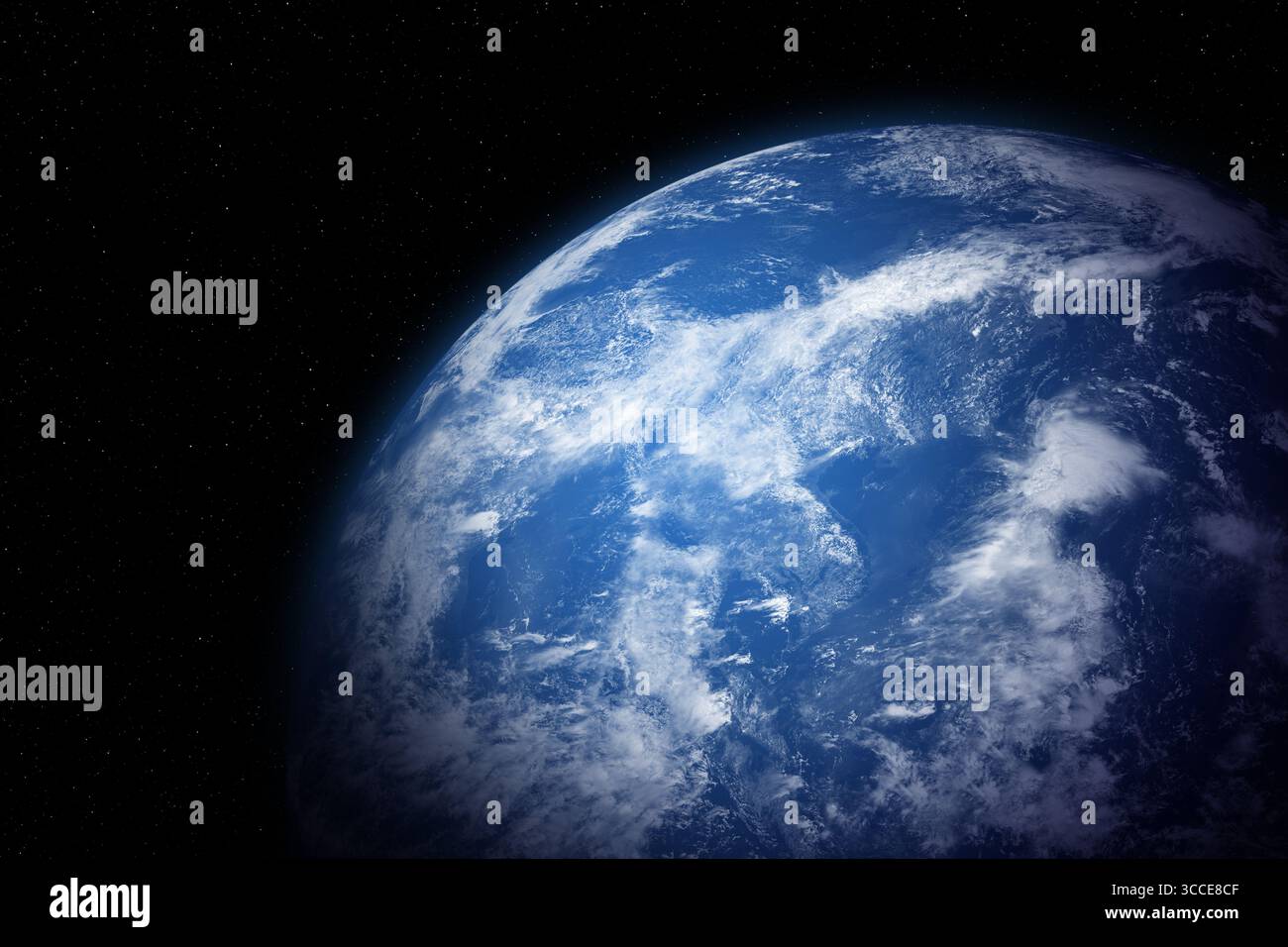 Incredibile pianeta blu Terra con mondo oceano e nuvole nello spazio su un cielo stellato. Esopianeta alieno. Elementi di questa immagine forniti dalla NASA. Foto Stock