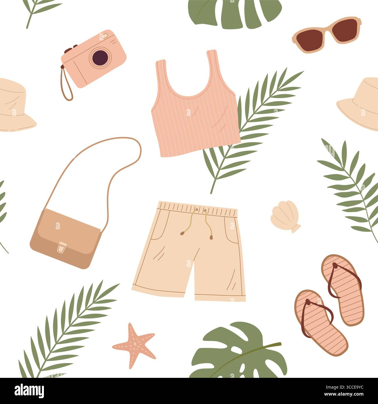 Motivo senza cuciture con un panno estivo come corto, superiore, borsa, occhiali da sole, fotocamera e foglie tropicali. Moda su shopping, vendita, viaggi e tour Illustrazione Vettoriale